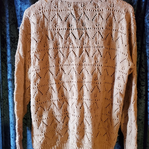 Distressed vintage tan leafy lace knit cottagecore grunge grandma cardigan - Picture 2 of 7
